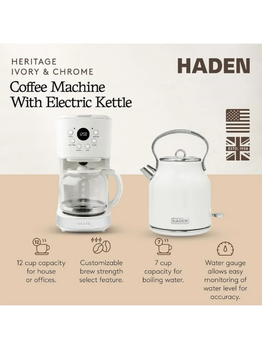 12-Cup Drip Coffee Maker & 1.7L Stainless Steel Electric Kettle Bundle - Ivory